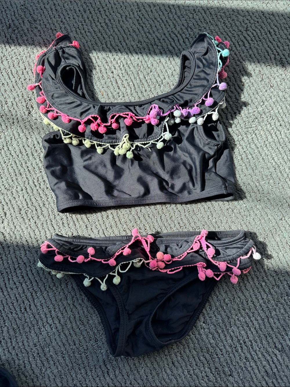 Pilyq Black Kids Bikini with Pink, Purple & Green Pom Trim